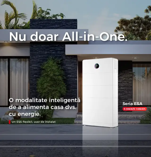 GoodWe ESA – sistem all-in-one invertor și baterie, montat lângă o casă modernă